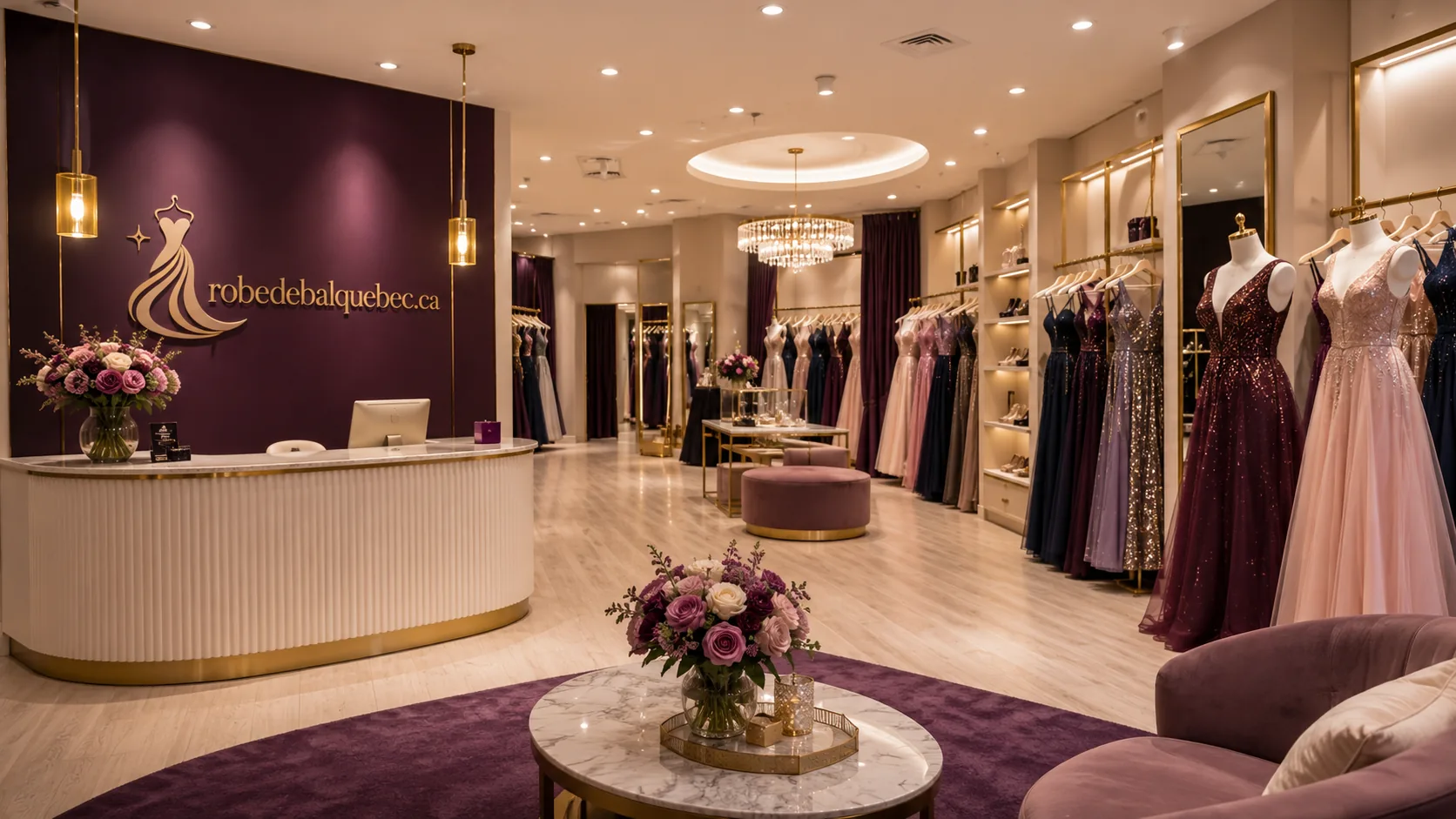 Intérieur d’une boutique de robes de bal : comptoir d’accueil, présentoirs de robes et fauteuils