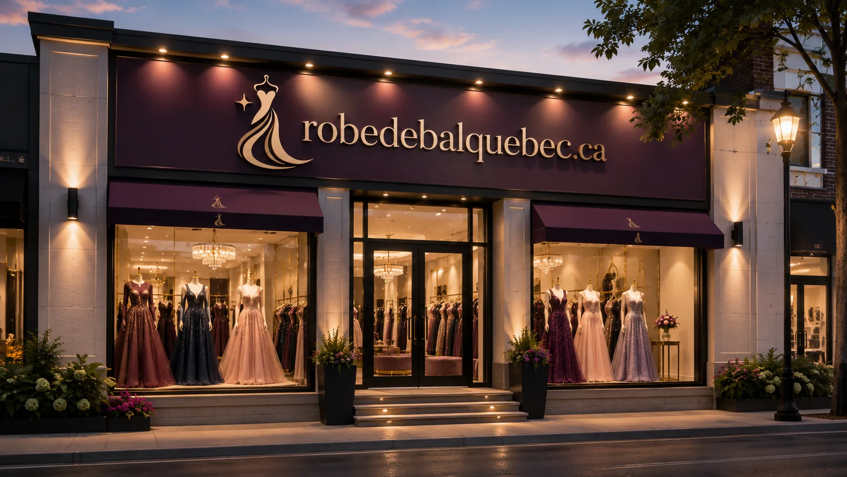 Façade d’une boutique de robes de bal avec vitrines et mannequins