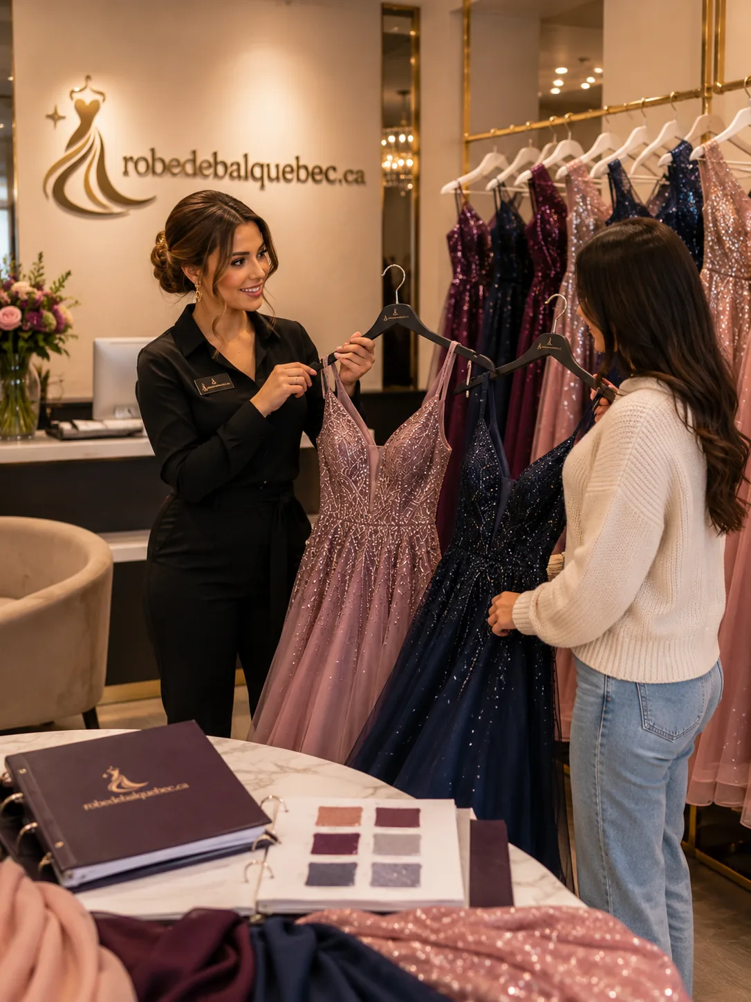 Conseillère présentant deux robes de bal sur cintres à une cliente en boutique