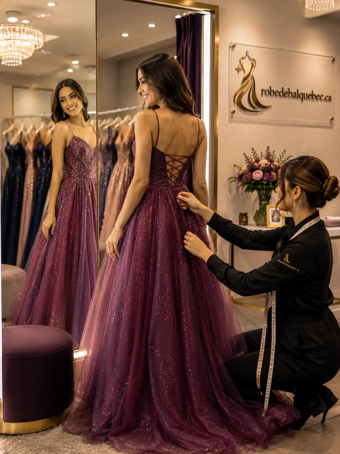 Essayage d’une robe de bal devant un miroir, une conseillère ajustant le laçage du dos
